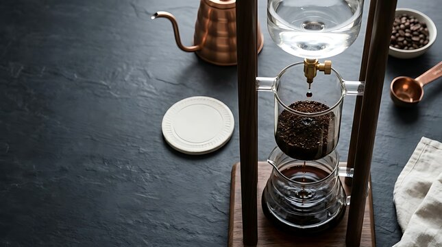 Cold Drip Coffee Maker Brewing Process on Dark Slate Background