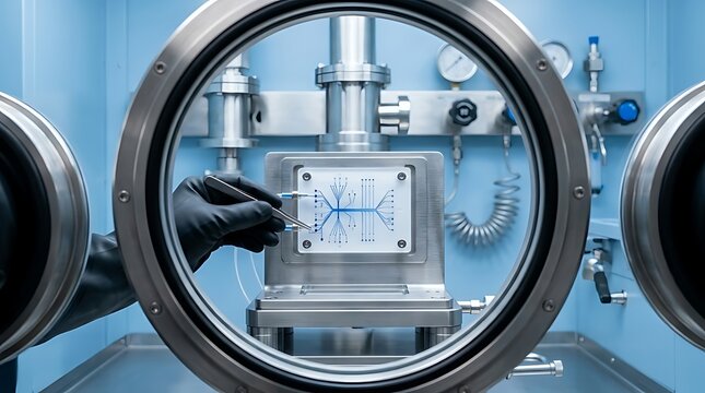 Scientist in Glovebox Conducting Precision Microfluidic Chip Research in Cleanroom Laboratory