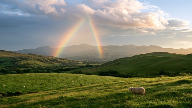 A double rainbow arching over a lush green rolling landscape with grazing sheep in the countryside