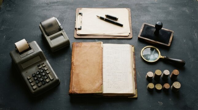 calculator, receipt scanner, stamp pad, magnifying glass, ledger book, coin stacks, and clipboard for accounting and tax workflow