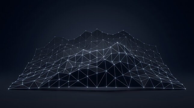 Digital wireframe mountain landscape with luminous glowing nodes and connected lines representing big data network concept