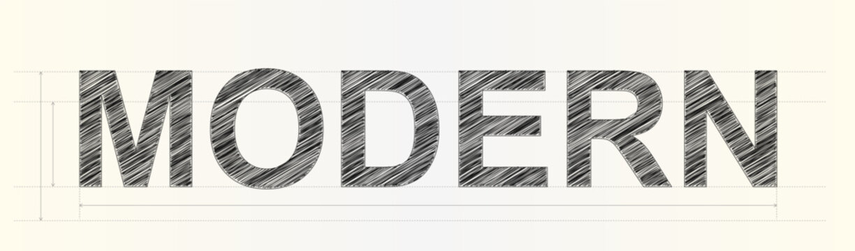 Bold uppercase modern word design created with sketchy texture effect and precise technical structural measurement lines