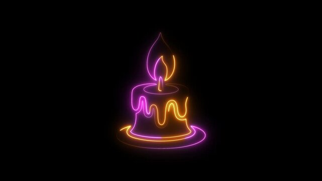 Neon outline of a melting candle with a flame in orange and purple on a black background