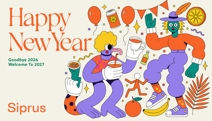 Fototapeta premium Happy New Year 2027 Celebration with Fun Characters, Festive Decorations and Drinks