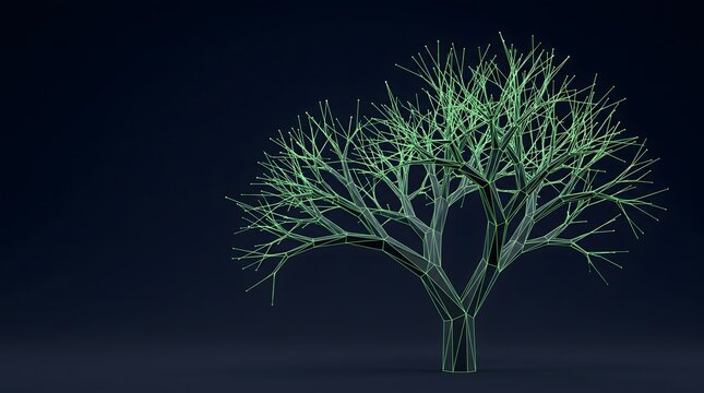 Glowing green wireframe tree with connected network nodes representing digital sustainability and tech growth on dark background