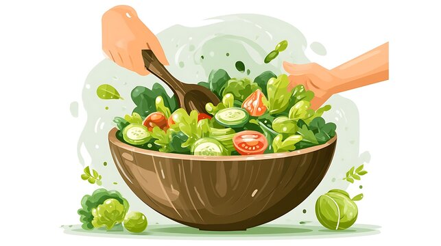 Hands tossing fresh green salad with vegetables in a wooden bowl, isolated on white background. Healthy food concept for culinary design.