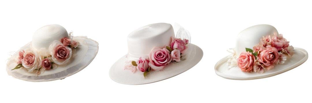 Set of A collection of beautiful woven straw hats decorated with colorful seasonal flowers on transparent png background. Ai generated