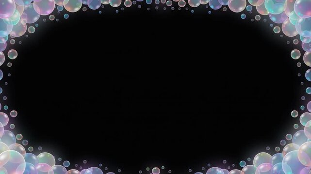 Colorful Soap Bubble Frame Loop, Iridescent Floating Bubbles Border Overlay on Black Background