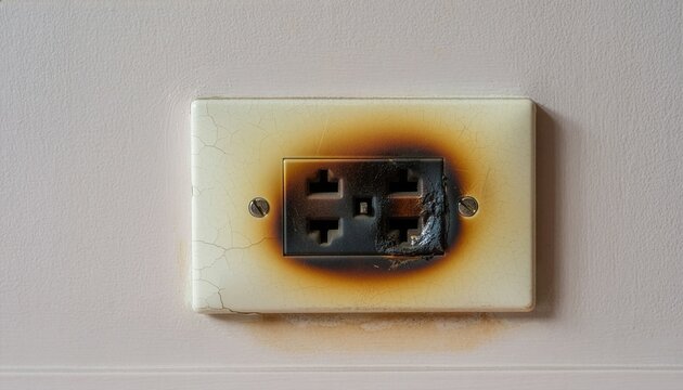 Old electrical wall outlet showing severe heat marks, dark brown and black discoloration.