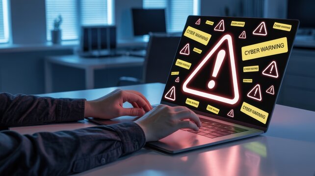 Hands typing on laptop with cyber warning alert graphics indicating security breach threat