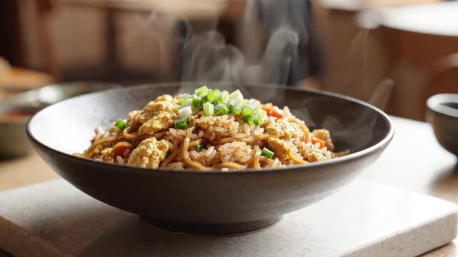 A steaming bowl of chifa served in a rustic ceramic dish representing authentic fusion cuisine
