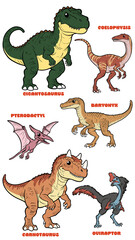 Cute cartoon carnivore dinosaur set 2 illustration including giganotosaurus carnotaurus baryonyx pterodactyl coelophysis and oviraptor isolated on transparent background © pranowo