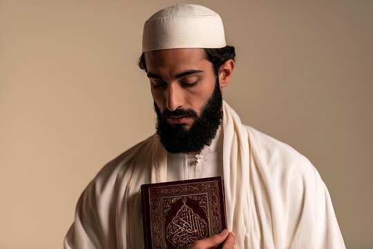 A devout muslim man with a beard and kufi cap holding a quran with reverence, captured in a serene and spiritual studio portrait with soft lighting