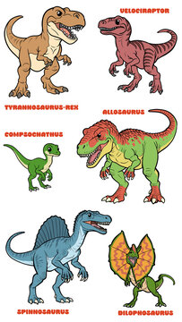 Cute cartoon carnivore dinosaur set 1 illustration including tyrannosaurus rex velociraptor allosaurus spinosaurus dilophosaurus and compsognathus isolated on transparent background