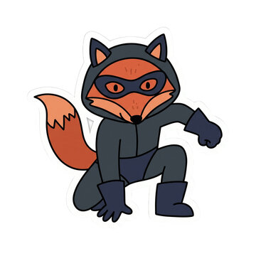 Cute fox superhero character in stealth crouching pose, cartoon sticker design