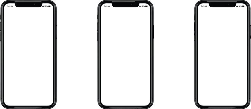 Three Smartphone Vector Mockups with Blank White Screen Display Isolated on White Background for Multi Screen Mobile App UI UX Showcase Presentations