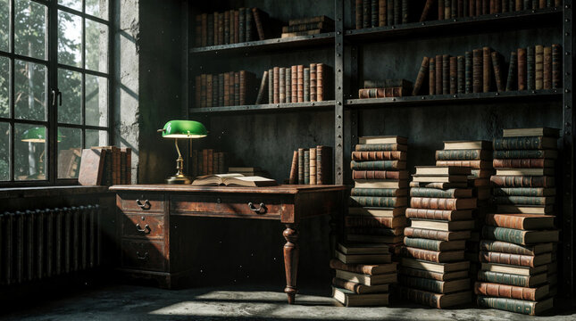 Old study room with big window, books on shelves, open book on wooden desk, green lamp, piles of books, old chair, wooden floor, dust on floor, vintage books, dark shelves, quiet atmosphere, calm