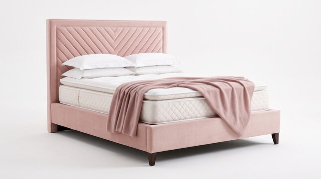 Modern pink tufted upholstered bed with neutral linen bedding and folded throw blanket