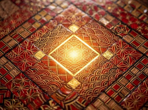 Japanese traditional wooden marquetry mosaic with geometric asanoha and seigaiha patterns glowing from the center, cultural woodwork and decorative background