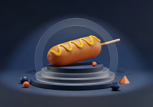 Hot dog with mustard on a space rocket launchpad