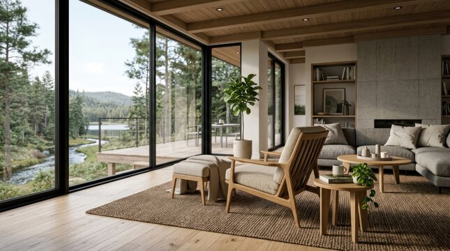 A serene living room with a wooden floor, large windows, and a cozy sofa adorned with cushions and pillows.