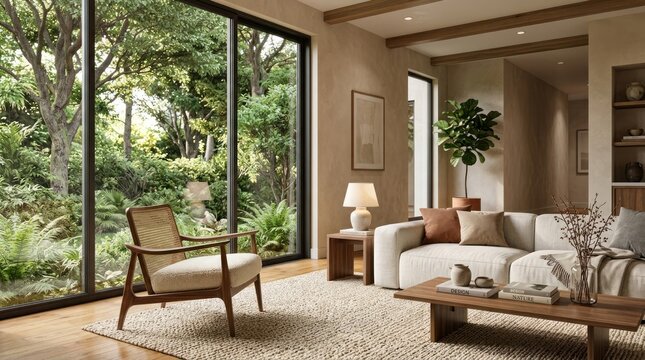 A serene living room with a large window overlooking a lush garden, featuring a comfortable beige sofa, a wooden coffee table, and a potted plant in a modern minimalist style.