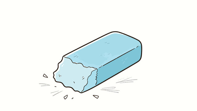 Cartoon-style light blue eraser with jagged broken edge and scattered debris on white background