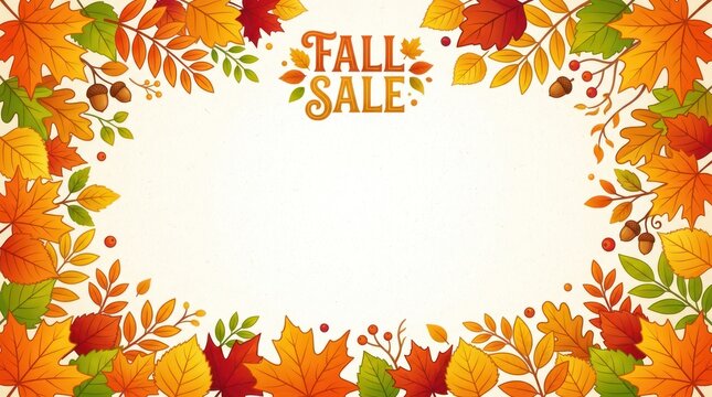 A colorful autumnal frame with leaves, berries, and acorns, set against a white background.