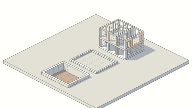 Isometric architectural illustration of a two-story house under construction with exposed framing, foundation