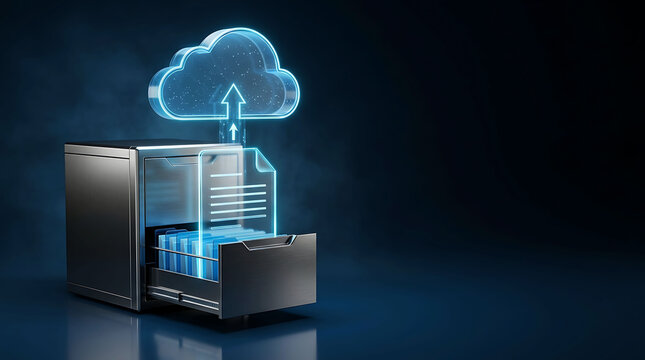 Cloud computing file storage and document upload concept on glowing server display