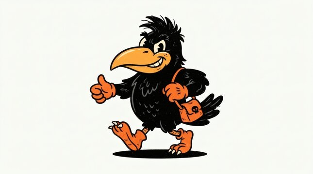 Retro Cartoon Mascot Illustration Walking Raven Character Exaggerated Beak Mischievous Expression Orange Palette

