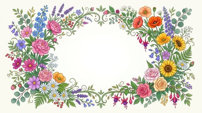 A colorful floral arrangement with roses, daisies, and other flowers in a rustic, vintage style. The background is a soft, muted color palette with a mix of greens, pinks, yellows, and purples.