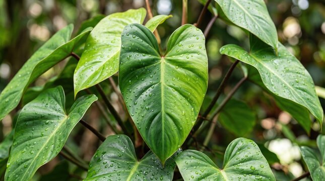 macro shot of vibrant green tropical philodendron leaves covered in fresh water droplets after rain, lush nature with soft bokeh effect symbolizing freshness ecology and organic