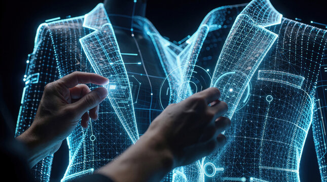 Hands interact with glowing 3D blueprint of suit on futuristic display. Digital fashion design, virtual tailoring, advanced manufacturing process.