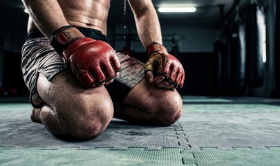 Naklejka premium Fighter kneeling, sweating profusely with open-finger gloves on gym mat, representing intense training and physical exhaustion.