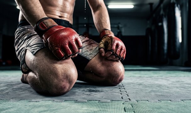 Fighter kneeling, sweating profusely with open-finger gloves on gym mat, representing intense training and physical exhaustion.