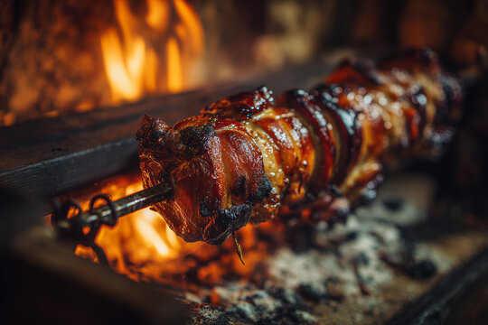 Roasted rotisserie meat cooking over an open fire flame