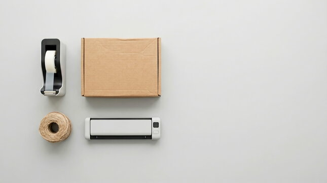 Packaging supplies flat lay with cardboard box and tools, e-commerce small business concept