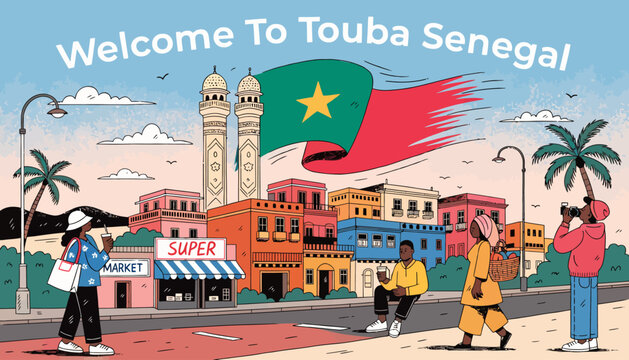 Welcome To Touba Senegal: Vibrant Cityscape with People, Market, and Senegalese Flag Colors