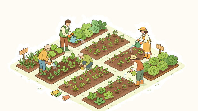 Isometric illustration of a community vegetable garden with diverse people tending to raised beds, watering