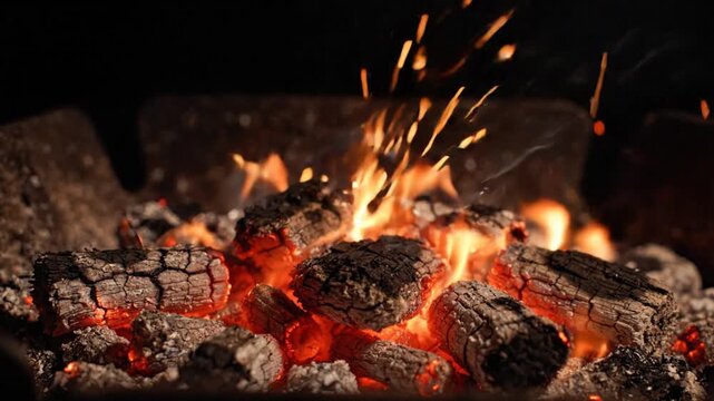 Glowing embers and burning firewood logs sparking in a fire pit at night