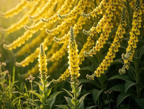 Close up of yellow verbascum lychnitis flowers in summer meadow. Bright mullein plants bloom under warm sunlight. Wildflowers grow in green field with rich leaves. Macro view of herbal plant petals