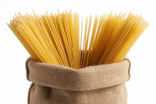 Raw spaghetti noodles in small burlap sack. Uncooked wheat pasta stands upright in canvas bag on white background. Long thin macaroni sticks for cooking traditional italian meal. Dry food ingredient