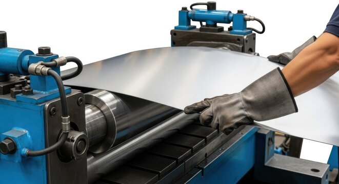 Industrial metal sheet rolling and forming machine process.
