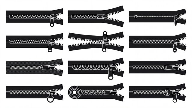 Set of black zipper fasteners showcasing various open and closed positions with different pull tabs a versatile vector element for fashion and UI desi