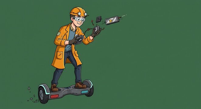 Cartoon character balances on hoverboard while tinkering with electronics