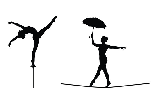 Acrobat balancing on pole and tightrope walker holding umbrella vector illustration