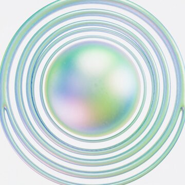Abstract 3D iridescent sphere with concentric rings. Pastel gradient colors create futuristic holographic effect. Glossy round bubble shape floats in white space. Modern geometric element for digital