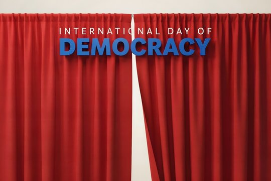 International Day of Democracy text sign hanging over elegant red stage curtains background