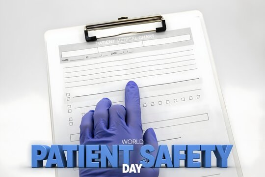 Doctor hand in blue glove pointing at medical clipboard for patient safety day concept